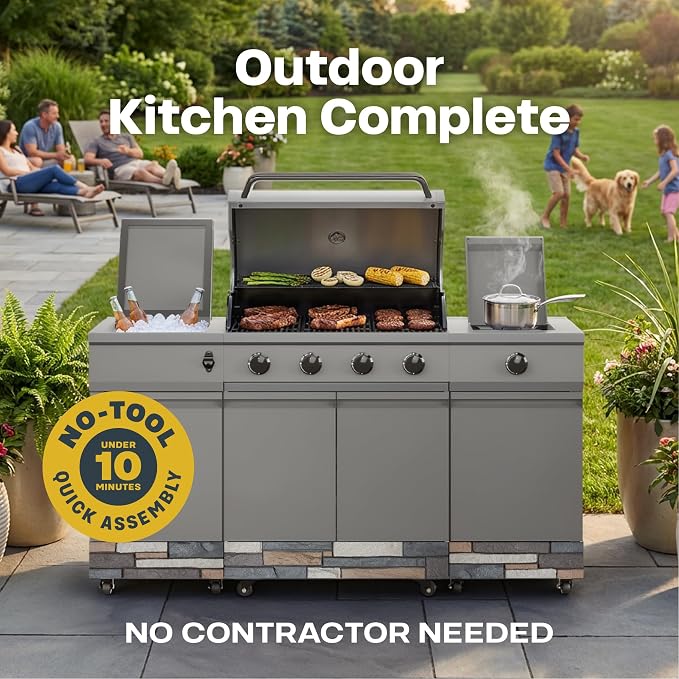 Tytus Fresno 66" 5-Burner Propane or Nat Gas Island Grill, 60K Total BTUs | Pre-assembled for fast install, 864 sq inch cooking area with Side Burner, Storage, Ice Bucket - Gunmetal / Ash Island