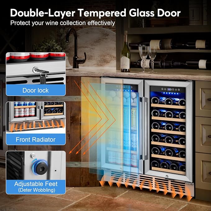 30" Dual Zone Wine and Beverage Refrigerator, Under Counter or Freestanding | 29-Bottle 110-Can capacity, Fast cooling, Ideal for home bar office, Adjustable shelves, Temperature memory, LED display