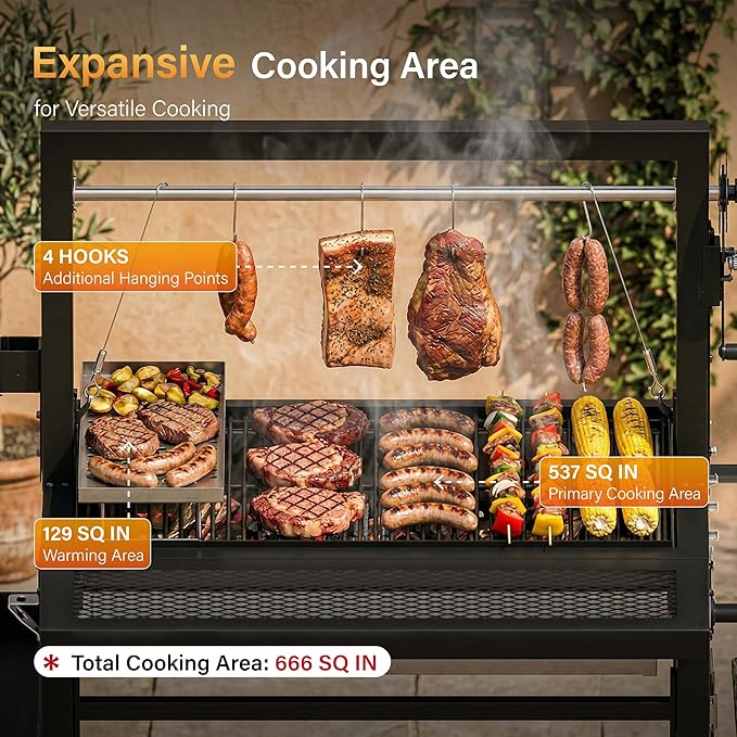 Sophia & William Argentine Santa Maria Wood Fire & Charcoal BBQ Grill with Adjustable Height Grates, Large Open Fire Grill for Outdoor Patio Backyard Gaucho Grilling