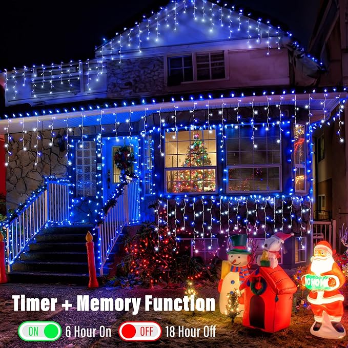 Joomer 66FT Christmas Icicle Lights Outdoor Non-Connectable White & Blue | 100 Drops 8 Modes Timer Waterproof Plug-in String Light for Christmas Party, holiday Eaves Roof Xmas Decorations