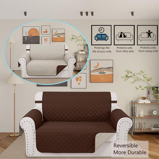 Reversible 45" Small Loveseat Sofa Covers, Brown/Beige | Loveseat Covers for Dogs Water Repellent, Friendly Furniture Protector with Elastic Straps for Living Room