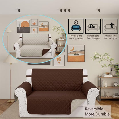 Reversible 45" Small Loveseat Sofa Covers, Brown/Beige | Loveseat Covers for Dogs Water Repellent, Friendly Furniture Protector with Elastic Straps for Living Room