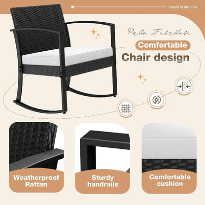 Greesum 3 Pieces Outdoor Furniture Set Patio Bistro Rocking Chairs with Glass Coffee Table for Pool Beach Backyard Balcony Porch Deck Garden, White