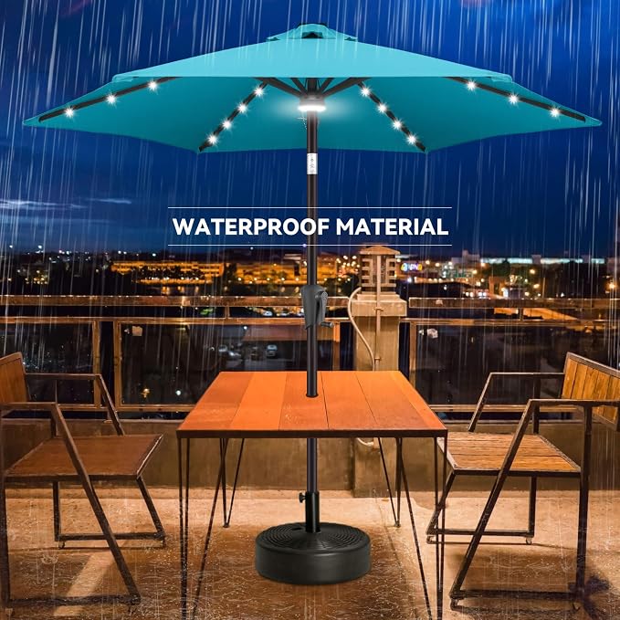 Solar Patio Umbrella with Centre Light, 7.5 ft Aqua Blue | 24 LED Lights, UV Protection, Small Solar Outdoor Umbrella for Porch, Deck, Pool, Table, Garden, Provides Evening Lighting