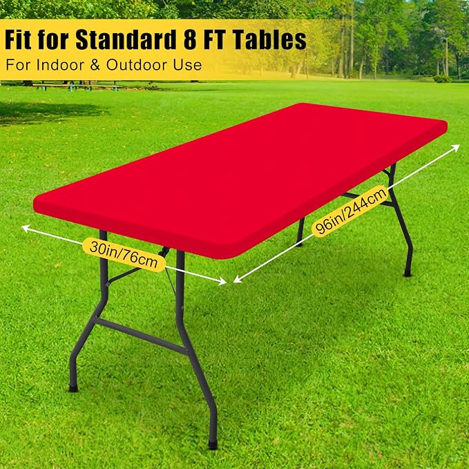 Smiry 2 Pack Rectangle Tablecloth, Elastic Fitted Flannel Backed Vinyl Tablecloths for 8ft Folding Tables, Waterproof Wipeable Table Covers for Outdoor, Camping and Picnic (Red, 30"x96")