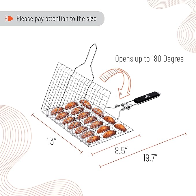 UNCO- Fish Grilling Basket, 2 Sets, Folding Portable Stainless Steel BBQ Grill Basket with Removable Handle and Silicon Basting Brush for Fish, Vegetables, Shrimp, Gifts for Dad, Husband & Friend