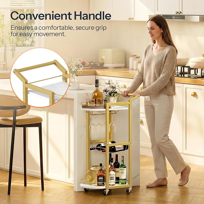 HOOBRO Bar Cart, Bar Cart for The Home, Home Bar Serving Cart on Wheels, Rolling Wine Cart with Wine Rack and Glass Holder, Beverage Cart for Bar, Kitchen, Dining Room, White and Gold DM48TC01