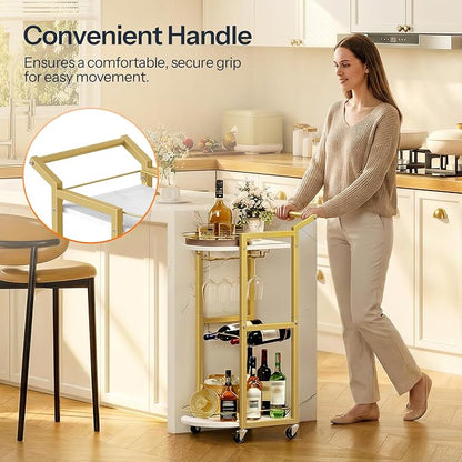 HOOBRO Bar Cart, Bar Cart for The Home, Home Bar Serving Cart on Wheels, Rolling Wine Cart with Wine Rack and Glass Holder, Beverage Cart for Bar, Kitchen, Dining Room, White and Gold DM48TC01