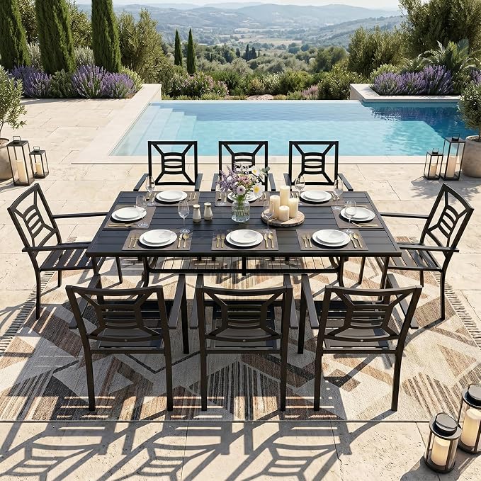 9 Piece Outdoor Patio Dining Sets, 77" Rectangular Metal Dining Table with Umbrella Hole & 8 Stackable Metal Chairs, Weather Resistant Garden Furniture Set for Backyard, Deck, Porch