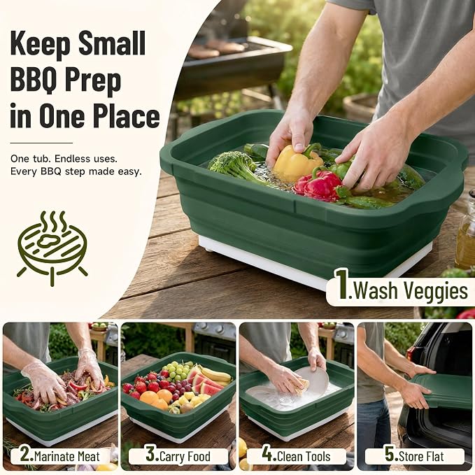 BBQ Prep Tub,16L Foldable Cutting Board with Locking Lid, Green for Outdoor | Outdoor Food Prep Bin, Stable Carry Handles, Quick-Rinse Surface, For Campsites, Cookouts, Road Trips, Family BBQ Nights