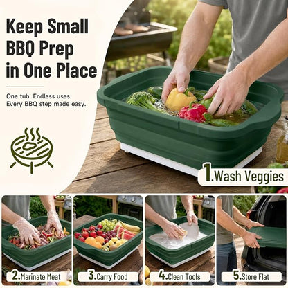 BBQ Prep Tub,16L Foldable Cutting Board with Locking Lid, Green for Outdoor | Outdoor Food Prep Bin, Stable Carry Handles, Quick-Rinse Surface, For Campsites, Cookouts, Road Trips, Family BBQ Nights
