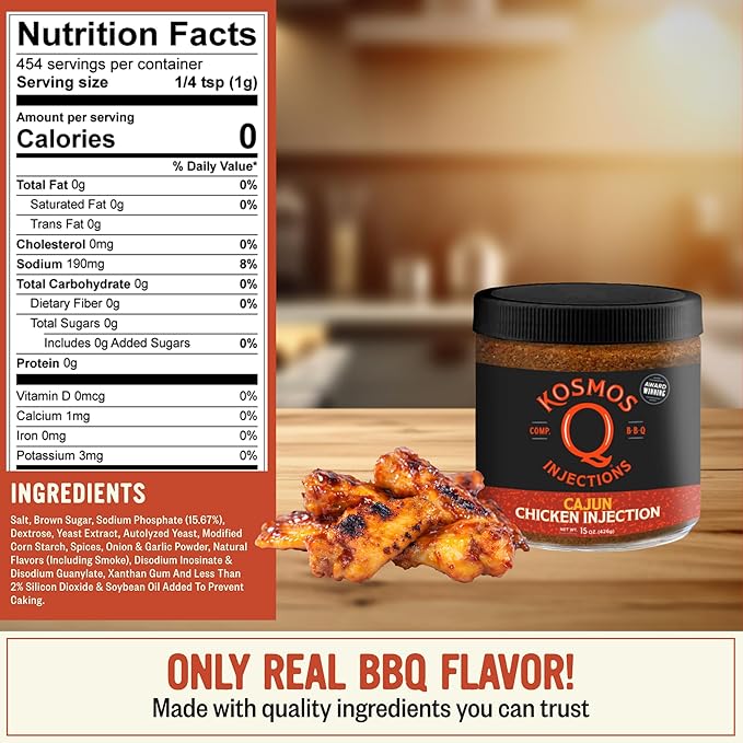 Kosmos Q Cajun Chicken Injection, Award-Winning Cajun BBQ Marinade for Whole Chicken, Wings, Roasted, and Smoked Meats, Juicy Flavor with Salt & Spice Blend, 15 Oz Jar