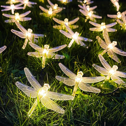 Solar Dragonfly String Light 30LED 21ft Garden Stake Lights Waterproof Outdoor Twinkle Fairy Lights with 8 Lighting Modes for Trees, Patio, Fence Christmas Decor (Warm White)