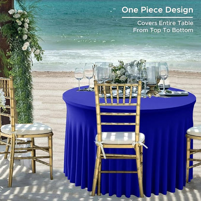 Fitted Royal Blue Spandex Table Skirts for Wedding Party,60 Inch Round | 6 Pack Spandex Table Covers, For 5 Ft Wedding Cake Tables, Wrinkle Resistant, Ruffle Design Banquets, Baby Showers, Parties