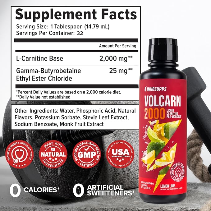 Volcarn 2000 L-Carnitine Liquid Energy, Lemon Lime, 32 Servings | Energy booster and ATP supplement with GBEEC; Enhances focus; Caffeine-free, no artificial sweeteners