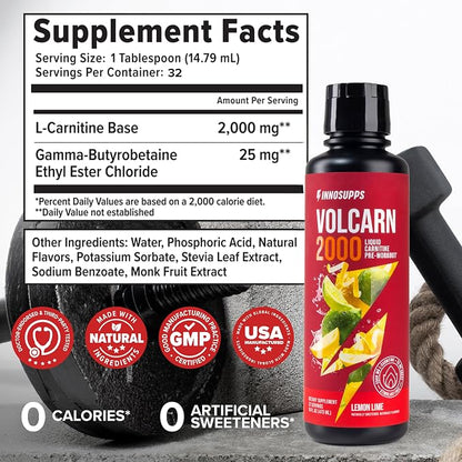 Volcarn 2000 L-Carnitine Liquid Energy, Lemon Lime, 32 Servings | Energy booster and ATP supplement with GBEEC; Enhances focus; Caffeine-free, no artificial sweeteners