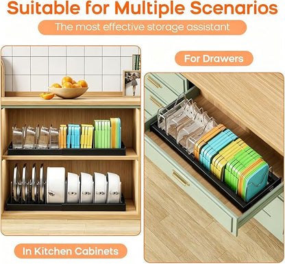 Nigelia Pots and Pans Organizer for Under Cabinet 22" Expandable Food Storage Container Lid Organizers with 10 Adjustable Dividers Pot and Pan Lid Holders Rack Inside Cabinet&Kitchen Countertop(Black)