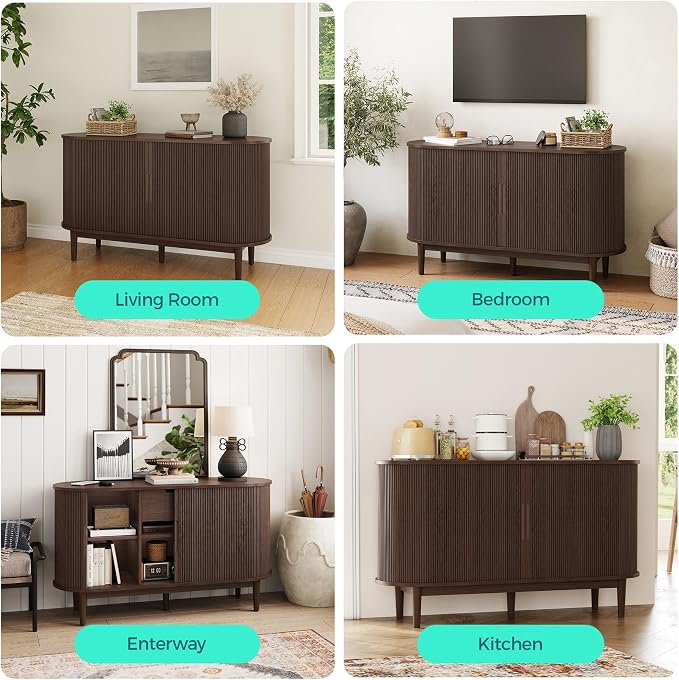LINSY HOME 55" Sideboard Buffet Cabinet,Tambour Sliding Doors & Drawer | Vintage Walnut Fluted Coffee Bar Cabinet with Storage, Mid Century Modern Wood Storage Buffet Table for Kitchen, Living Room