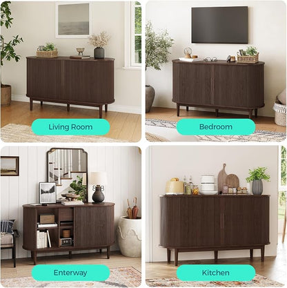 LINSY HOME 55" Sideboard Buffet Cabinet,Tambour Sliding Doors & Drawer | Vintage Walnut Fluted Coffee Bar Cabinet with Storage, Mid Century Modern Wood Storage Buffet Table for Kitchen, Living Room