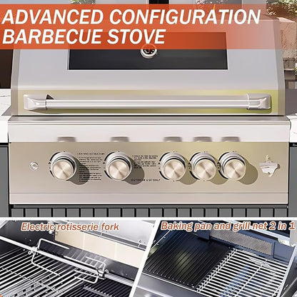 Outdoor Kitchen Cabinet with BBQ- Large Kitchen Cabinet with Slate Countertop Includes Barbecue Grill,Table Includes Stainless Steel Sink & Storage Space(70.86IN)