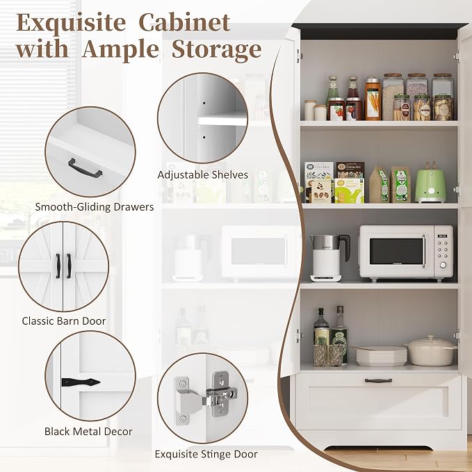 Shintenchi Kitchen Pantry Cabinet, Freestanding Farmhouse Storage Cabinet with 4 Shelves and 1 Drawer, Tall Cupboard for Kitchen, Living Room, Dining Room and Bathroom, White