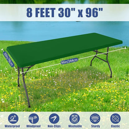 Moosfor 2 Pack Rectangle Spandex Fitted Table Cloth, 8FT Elastic Tablecloth | Washable Picnic Table Cover, Stretch Waterproof Table cloths for Party, Patio, Dining, Kitchen, 30" x 96", Emerald Green