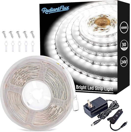 RadiantFlux Led Lights 30 ft for Bedroom, Dimmable LED Strip Lights, 480 LEDs, Super Bright LED Tape Rope Lights for Living Room, Kitchen, Vanity Mirror, Flexible LED Light Strips for Indoor Use