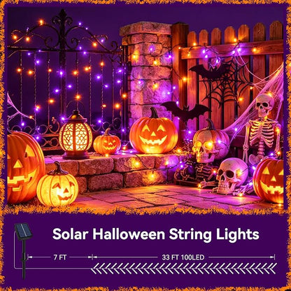 Slyuexu Solar String Lights Outdoor Waterproof 2 Pack Total 66ft 200LED | 8 Modes Twinkle Lights Solar Fairy Lights for Patio, Garden Yard Party Wedding Tree Halloween Decoration, Orange + Purple