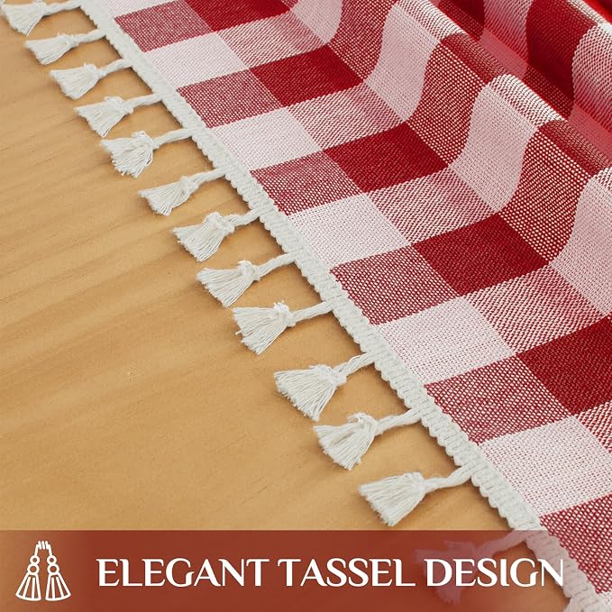 Softalker Checkered Tablecloth Rectangle, Outdoor Linen Cotton Gingham Table Cloth with Tassel, Heavy Duty Wrinkle Free Buffalo Plaid Table Cover for Kitchen Dining Summer Party - 55 x 70 Inch, Red