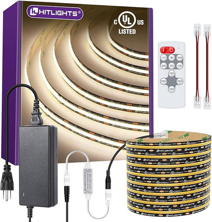 HitLights COB White LED Strip Lights Kit with Remote & 12V Power Supply, 16.4ft Dimmable Tape Light 4000K, 2400LEDs, 305+ Lm/ft, UL Listed, Flexible Rope Lights for Bedroom, Kitchen, Cabinet Lighting