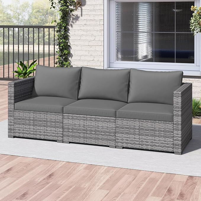 Tangkula 3 Seat Outdoor Wicker Sofa Set, Modular PE Rattan Patio Cushioned Sectional Couch Set, Outside Furniture Set for Deck, Backyard, Porch, Garden & Poolside (Grey)