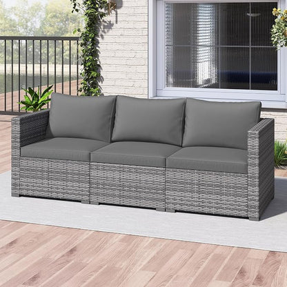Tangkula 3 Seat Outdoor Wicker Sofa Set, Modular PE Rattan Patio Cushioned Sectional Couch Set, Outside Furniture Set for Deck, Backyard, Porch, Garden & Poolside (Grey)