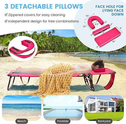 GYMAX Tanning Chair, 330lbs Beach Lounge Chair with Face Hole, Washable Pillow & Carry Strap, Adjustable Folding Chaise Lounge, Layout Chair for Outside, Patio, Poolside, Lawn (1, Pink)