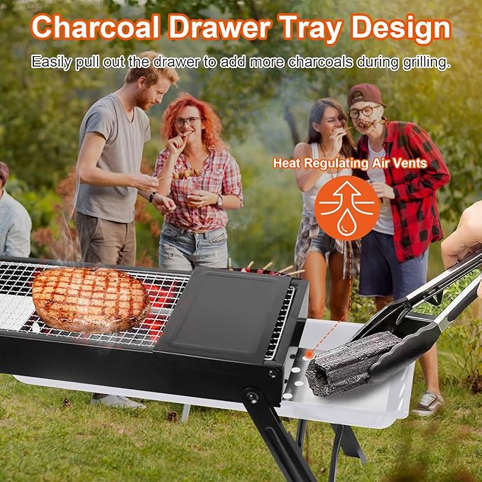 Foldable Charcoal BBQ Grill, Portable Grill Charcoal with Side Table, Stainless Steel BBQ Grill, Easy Setup Tabletop Barbecue Grill for Camping Picnic Outdoor Party Backyard Travel (Extended)
