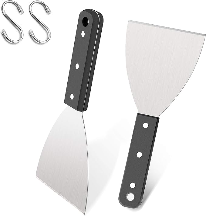 Grill Griddle Scraper Set of 2, Leonyo Stainless Steel Versatile Metal flat Top Grill Scraper for Dough Pancake Pizza Teppanyaki BBQ Home Baking Cooking, Slant Edge & Dishwasher Safe