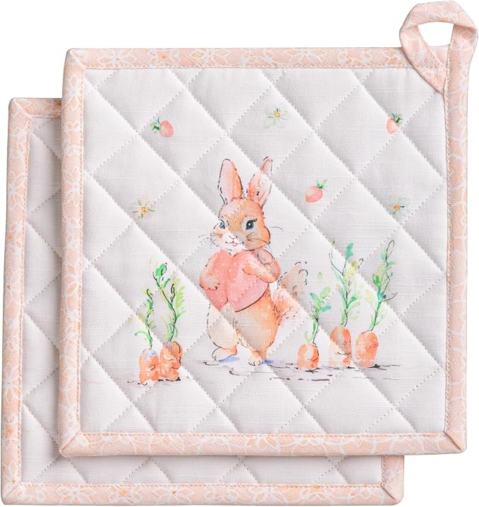 Maison d' Hermine Pot Holders 100% Cotton Heat Resistant Potholders 8" x 8" Hot Pads with Loop BBQ Cooking Baking Hotel Farmhouse Kitchen Handling Hot Pans Spring Summer (Pack of 2, Bunny Party)