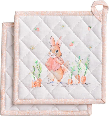 Maison d' Hermine Pot Holders 100% Cotton Heat Resistant Potholders 8" x 8" Hot Pads with Loop BBQ Cooking Baking Hotel Farmhouse Kitchen Handling Hot Pans Spring Summer (Pack of 2, Bunny Party)
