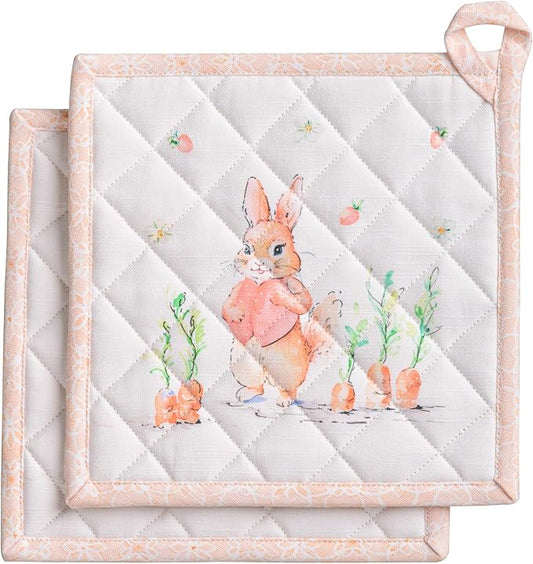 Maison d' Hermine Pot Holders 100% Cotton Heat Resistant Potholders 8" x 8" Hot Pads with Loop BBQ Cooking Baking Hotel Farmhouse Kitchen Handling Hot Pans Spring Summer (Pack of 2, Bunny Party)