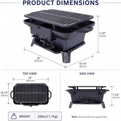 Cast Iron Hibachi Grill Outdoor, Japanese Yakitori Grill for Camping, Small Portable Charcoal Hibachi Grills, Cast Iron, with Double-Sided Grate, for Indoor Outdoor BBQ (2, No handle)