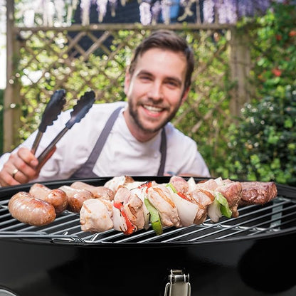 Relaxdays Portable Kettle Barbecue, Ø 37 cm, Round Charcoal Grill, for Garden & Picnics, BBQ with Lid & Tongs, Black, Steel, Nylon, Stainless steel