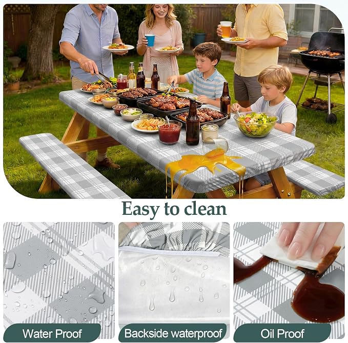 Picnic Table Cover Bench Covers Camping Essentials Tablecloth | Waterproof Vinyl for Outdoor, Windproof Elastic Fitted Edges, RV BBQ Accessories Must Haves, Storage Bag Included