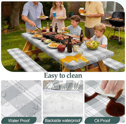 Picnic Table Cover Bench Covers Camping Essentials Tablecloth | Waterproof Vinyl for Outdoor, Windproof Elastic Fitted Edges, RV BBQ Accessories Must Haves, Storage Bag Included