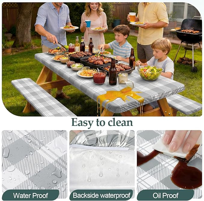 Picnic Table Cover with Bench Covers Camping Essentials Waterproof Windproof Camping Tablecloth with Drawstring Bag, Fitted Rectangle Tables and Seats, 72in, Grey Checkered