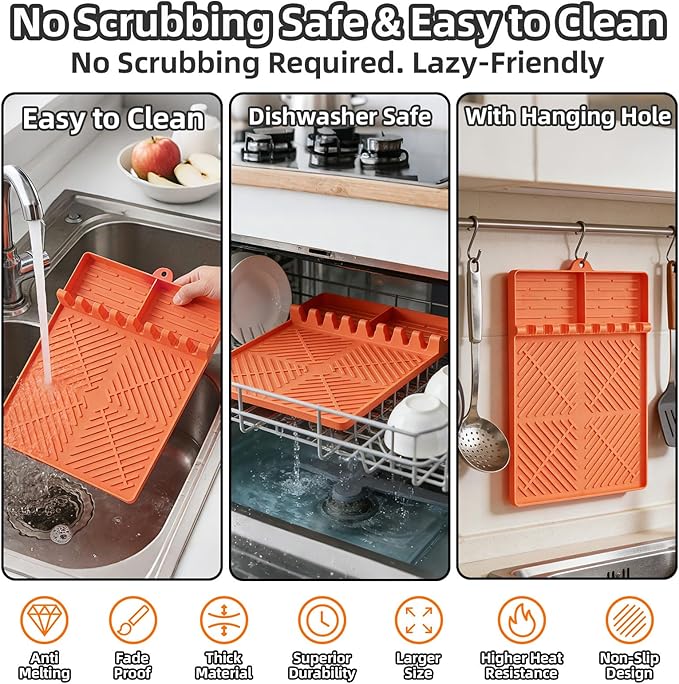 Silicone Grill Mat Compatible with Blackstone Griddle Accessories, Extra-Thick Griddle Tools & Spatula Mat with Drip Pad for Side Shelf, Outdoor BBQ Utensil Holder, Gifts for Men (Orange)