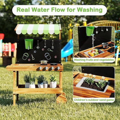 INFANS Mud Kitchen, Outdoor Play Kitchen with Drawing Board, Real Water Flow, Removable Sink, Storage, Cooking Accessories, Wooden Kids Kitchen Playset Gift for Boys Girls Ages 3+
