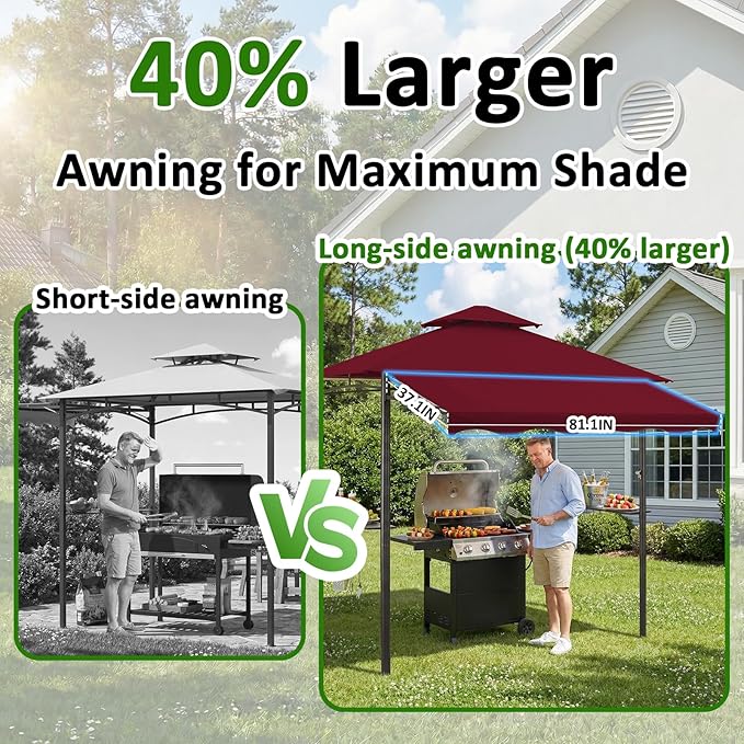 CHARMELEON 8x8 FT Grill Gazebo,Grill Canopy with Big Awning&2 Side Shelves&6 Hooks,Powder-Coated Steel BBQ Shelter for Patio Backyard Outdoor Grilling-Burgundy