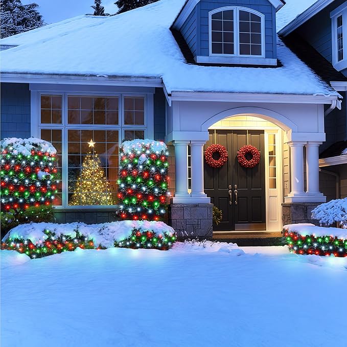 BlcTec Outdoor Christmas Lights 360 LED 9.8ft x 6.6ft Christmas Net Lights with 8 Modes, UL Certified, Timer, Connectable, Waterproof for Bushes, Shrubs, Yard Outdoor Decorations, Red White Green