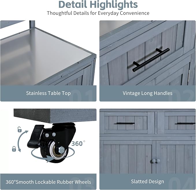 65 Inch Patio Kitchen Island with Stainless Steel Top, Gray | Gray fir wood, stainless steel top, garden or patio, 2 drawers, 3 movable shelves, cabinet, lockable wheels, 41.7 in L
