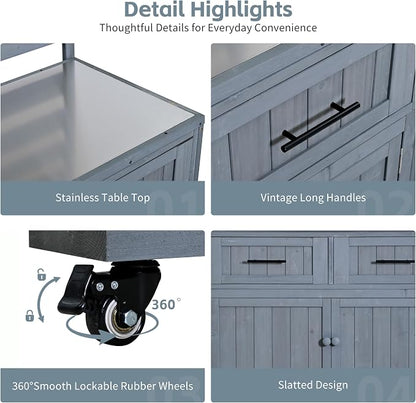 65 Inch Patio Kitchen Island with Stainless Steel Top, Gray | Gray fir wood, stainless steel top, garden or patio, 2 drawers, 3 movable shelves, cabinet, lockable wheels, 41.7 in L