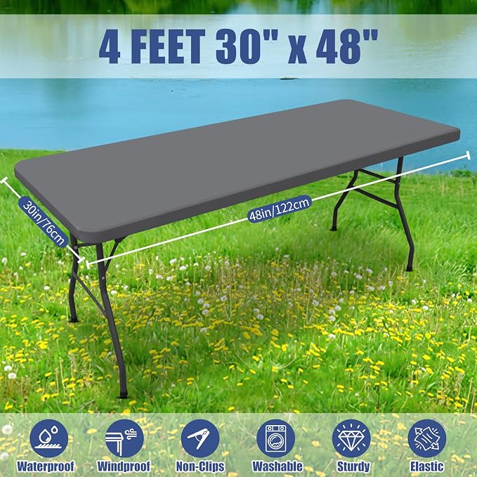 Moosfor 2 Pack Rectangle Spandex Fitted Table Cloth, 4FT Elastic Tablecloth | Washable Picnic Table Cover, Stretch Waterproof Table cloths for Party, Patio, Dining, Kitchen, 30" x 48", Grey